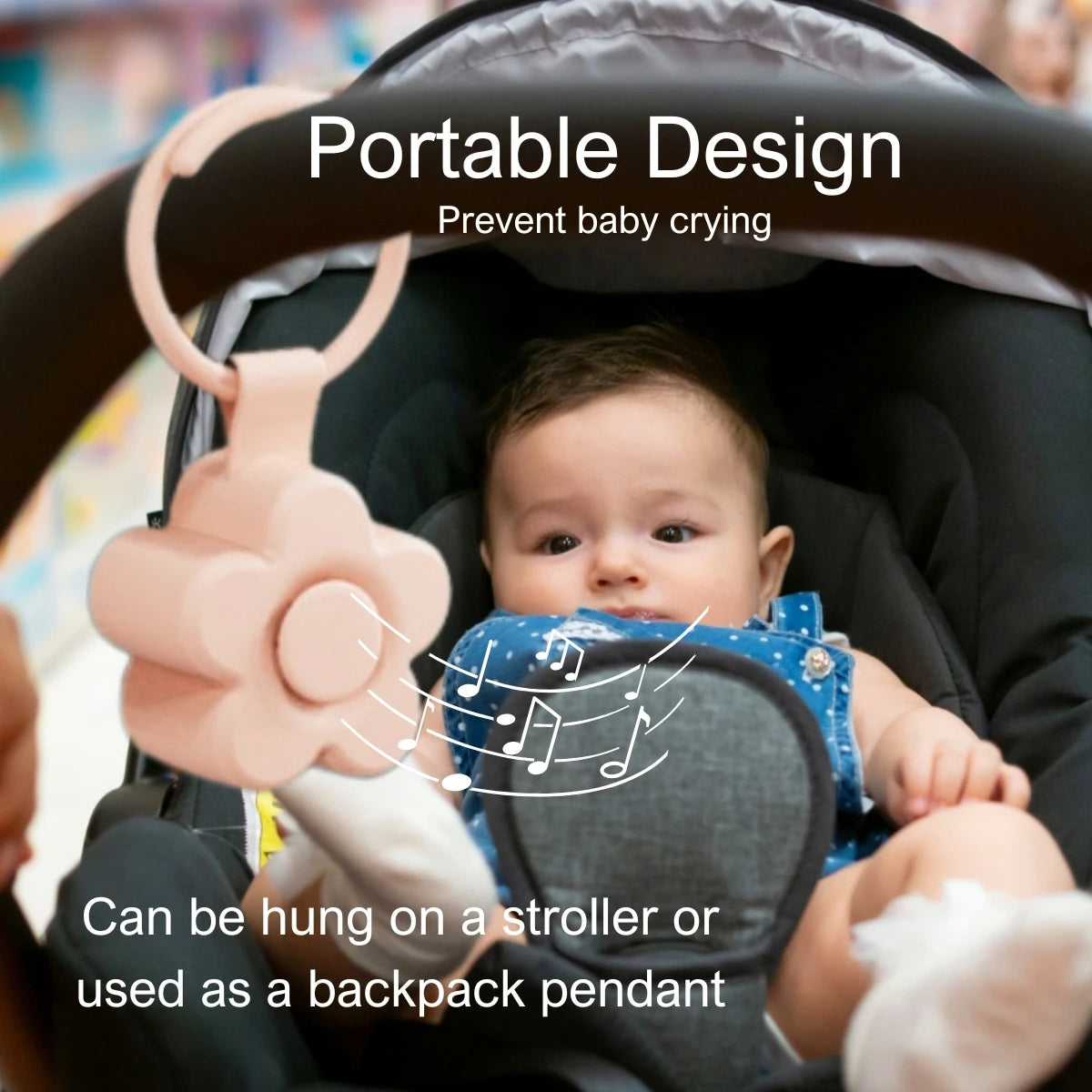 A baby sits in a stroller with the Portable Newborn Baby Sleeping Gadgets White Noise Device, a flower-shaped sound machine attached to the handle, ideal for soothing and calming babies anywhere with gentle white noise.