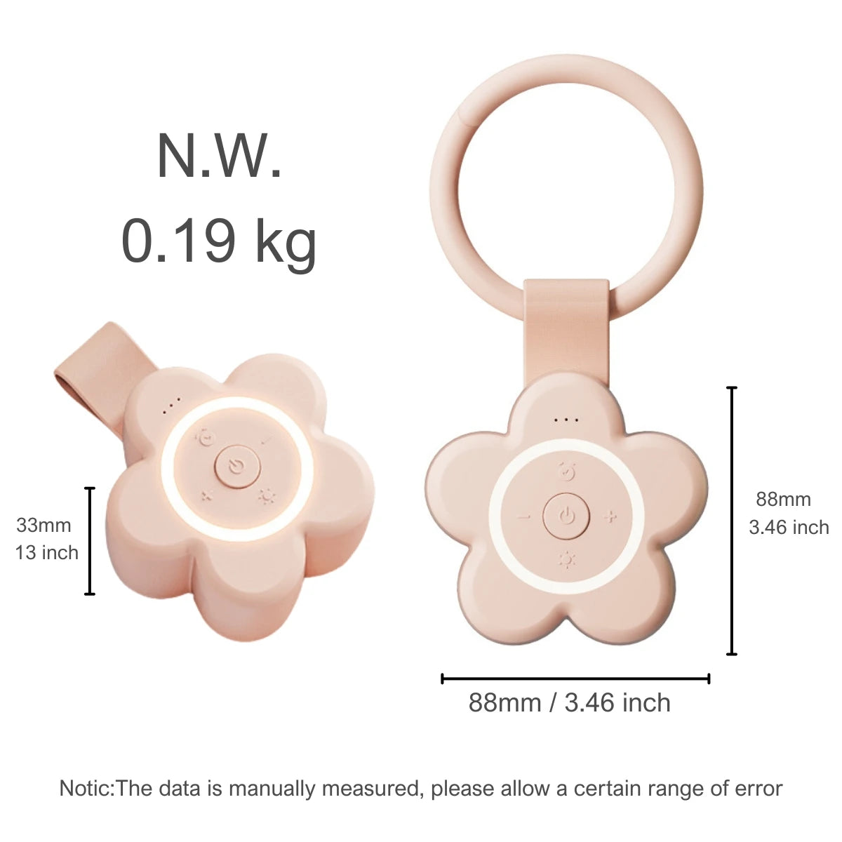 The Portable Newborn Baby Sleeping Gadgets White Noise Device is a pink, flower-shaped sleep machine (88mm x 88mm x 33mm, 0.19kg) with three front buttons for soothing sounds and a circular ring; manual measurement errors may occur. Shown from two angles.