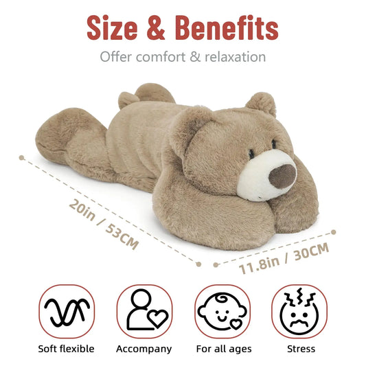 A Niuniu Daddy 20 weighted stuffed animal pillow with soft fur lies on its belly. Size: 20in/53cm x 11.8in/30cm. Offers comfort, stress relief, and companionship for all ages—perfect gift for birthdays and holidays.