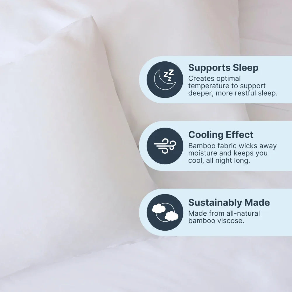 A white pillow rests on a bed with three text bubbles—Supports Sleep, Cooling Effect, and Sustainably Made—highlighting its sleep, cooling, and eco-friendly benefits; the ideal companion to your favorite Forever Chill Bamboo Sheets or other soft cooling sheet sets crafted from organic bamboo viscose.