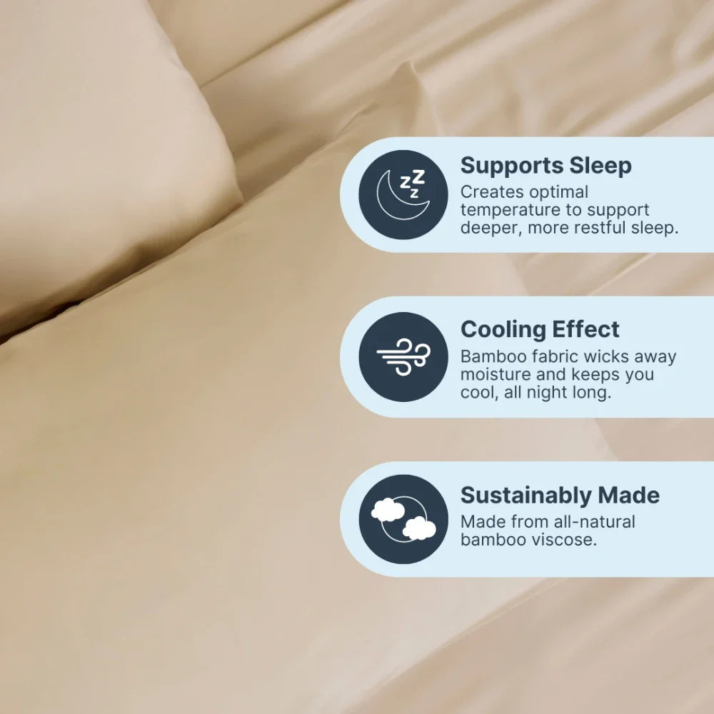 Forever Chill Bamboo Sheets in a cream color are displayed on the right side of the image with three icons and text highlighting their key benefits: Supports Sleep, Cooling Effect, and Sustainably Made. These features describe the advantages of these sheets, crafted from organic bamboo viscose.