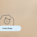 A plain beige background features a simple cartoon lion face outlined in dark blue and a pale blue label reading “Tundra Beige,” inspired by the softness of Forever Chill Bamboo Sheets, crafted from premium organic bamboo viscose for a cooling effect.