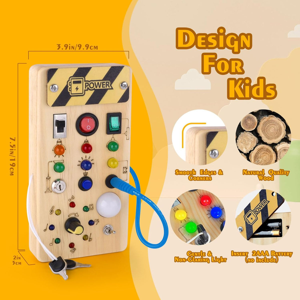 A Montessori LED Light-Switch Busy Board with various switches, buttons, knobs, and a power plug, featuring callouts for its smooth edges, wood texture, and battery compartment to help develop a toddler’s fine motor skills.