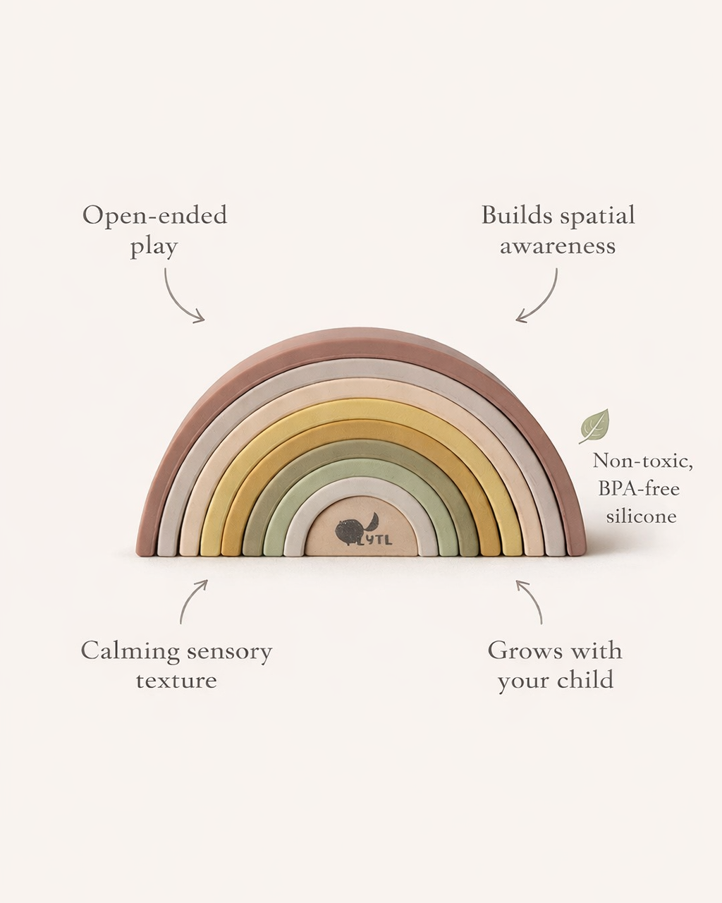 A 10-piece Silicone Rainbow Stacking Toy featuring durable, non-toxic, and bath-friendly arches in a calming sensory texture that encourages open-ended play and builds spatial awareness.