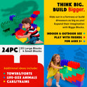 Two kids build towers, animals, and vehicles with the Jumbo Building Blocks 24 PC - Beginner Set. For ages 3+, these colorful outdoor blocks offer creative play with 24 interlocking pieces that support imagination and motor skills.