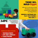A young child builds and plays with the Jumbo Building Blocks 24 PC with 2 Wheel Kits – Big City Set by Biggo Blocks, designed for ages 3+. Bold colors inspire imaginative play and creativity with included wheels for more building ideas.