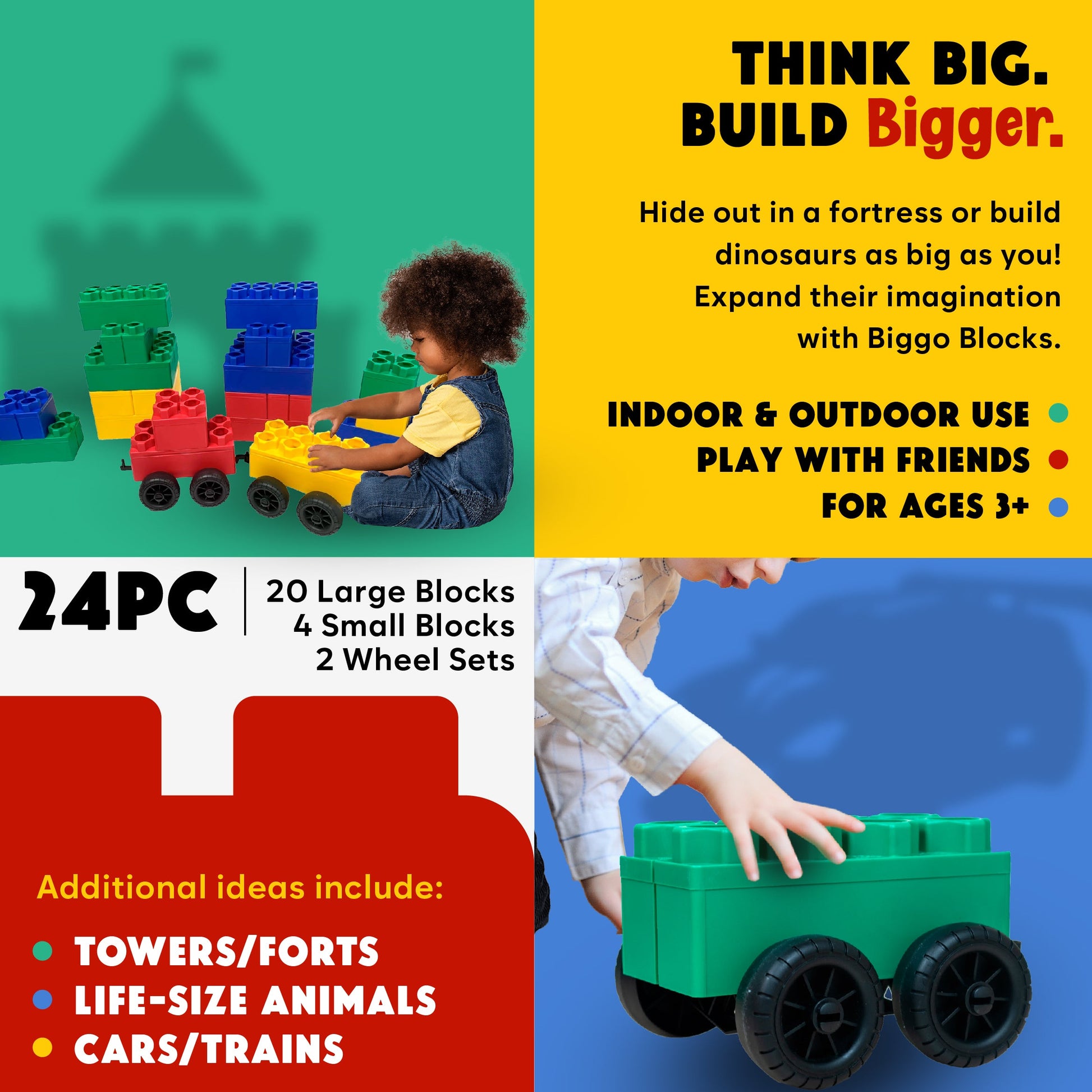 A young child builds and plays with the Jumbo Building Blocks 24 PC with 2 Wheel Kits – Big City Set by Biggo Blocks, designed for ages 3+. Bold colors inspire imaginative play and creativity with included wheels for more building ideas.