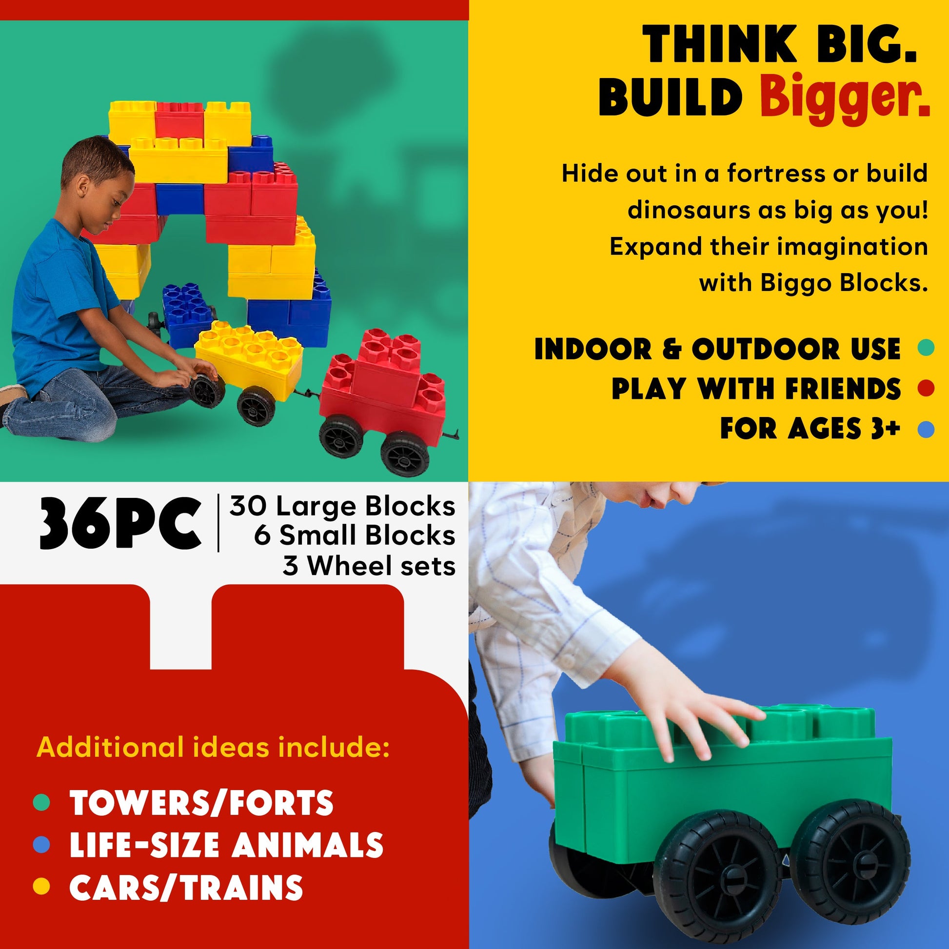 A child builds a vibrant wall with the Jumbo Building Blocks 36 PC with 3 Wheel Kits - Train Set, while another pulls a green block cart. Ideal for ages 3+, Biggo Blocks inspire creative play and new building adventures.