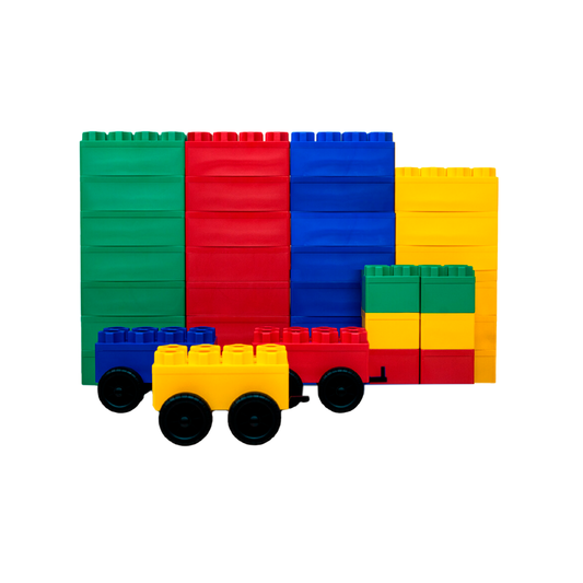 The Jumbo Building Blocks 36 PC with 3 Wheel Kits - Train Set forms a colorful wall of green, red, blue, and yellow blocks, with a toy train built from the sets blocks and wheels displayed in front.