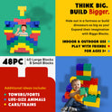 A vibrant ad for Jumbo Building Blocks 48 PC - Learner Set features kids building towers, animals, and cars with 48 large pieces. The text promotes creative play indoors or outdoors for ages 3 and up.