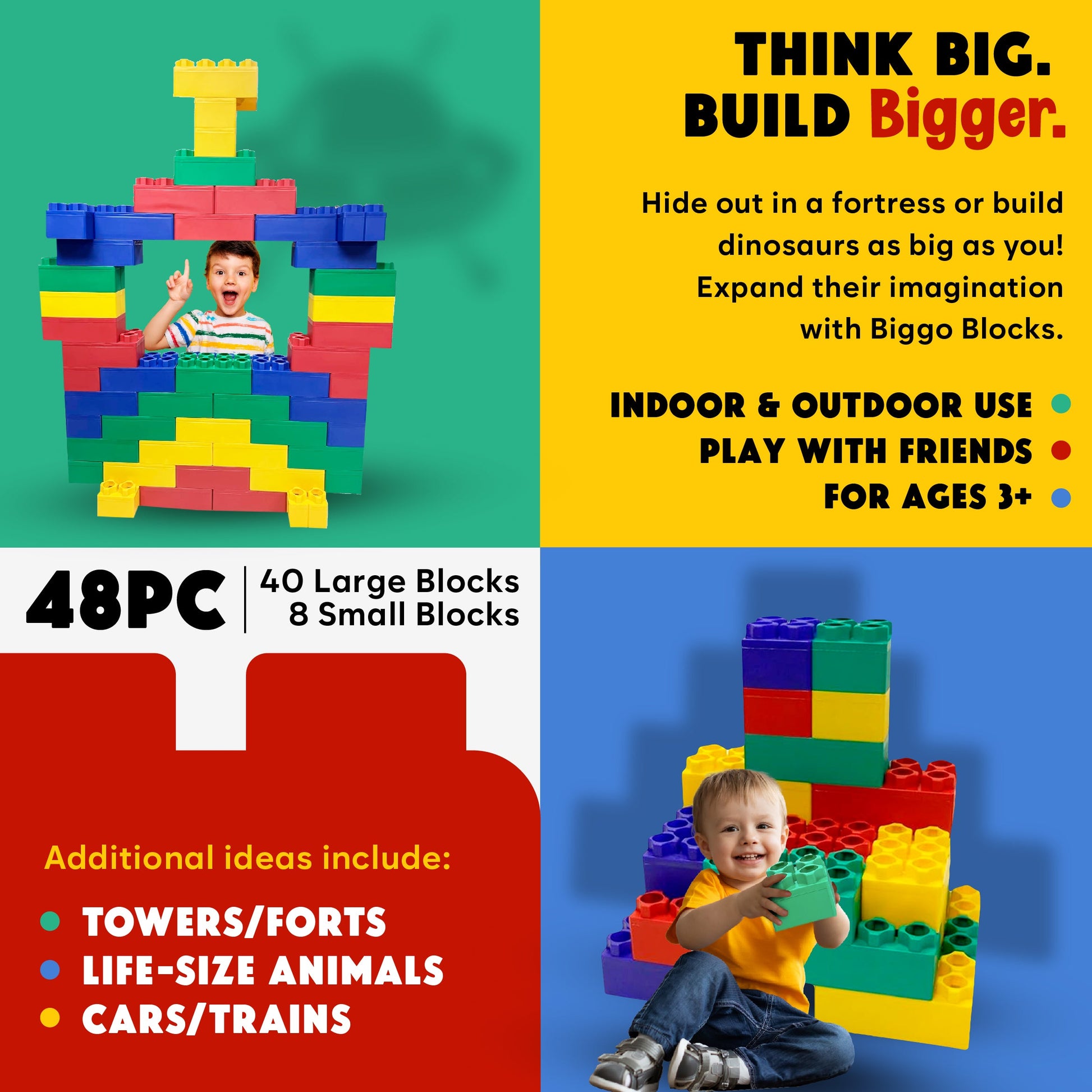 A vibrant ad for Jumbo Building Blocks 48 PC - Learner Set features kids building towers, animals, and cars with 48 large pieces. The text promotes creative play indoors or outdoors for ages 3 and up.