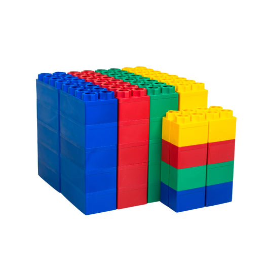 The Jumbo Building Blocks 48 PC - Learner Set is shown arranged in colorful columns—blue, red, green, and yellow—against a white background, with some columns taller than others.