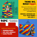 A vibrant image for Jumbo Building Blocks 96 PC - Standard Set shows kids building forts, towers, animals, and cars with 80 large and 16 small blocks. For ages 3+. Bold text: THINK BIG. BUILD Bigger.