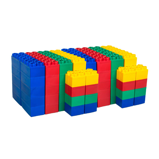 The Jumbo Building Blocks 96 PC - Standard Set, featuring blue, red, green, and yellow blocks, are stacked in rows against a white background.