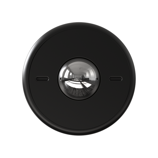 The ONO Scroller Aluminum in Midnight features a black circular design with a central reflective dome and two horizontal slits, resembling a sleek steel rollerball that reflects its surroundings.