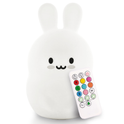 Baxter the Bunny Silicone Night Light, a white silicone bunny accompanied by a small remote control with colored buttons, acting as the perfect bedtime buddy.