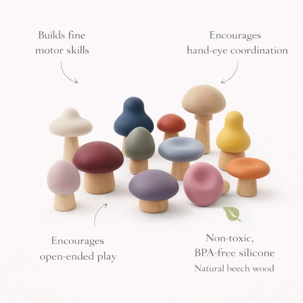 A Mushroom Mix & Match Sorting Toy (24 pc) set featuring colorful wooden and silicone mushrooms for color sorting, with text labels highlighting their educational benefits and materials.