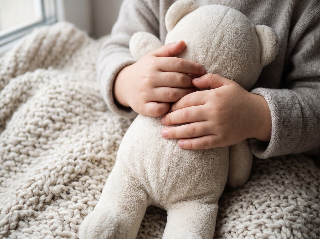 Child's hands hugging a soft cream plush toy on a knit blanket