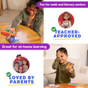 A collage of a child using the Card Pack Bundle (6 Learning Sets, 416 Cards) alongside a pop-it toy, with icons and text labeling the product as teacher-approved and loved by parents.