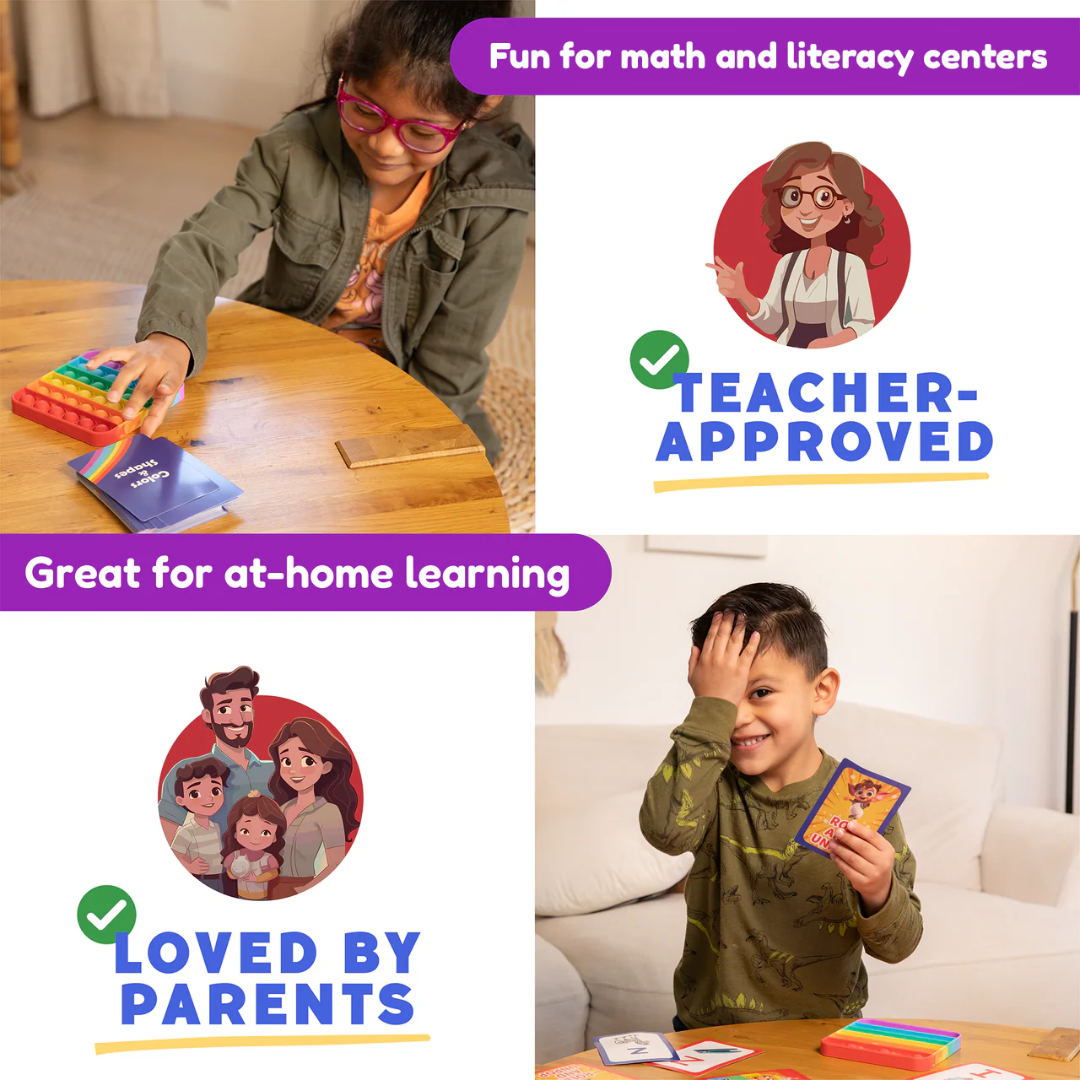 A collage of a child using the Card Pack Bundle (6 Learning Sets, 416 Cards) alongside a pop-it toy, with icons and text labeling the product as teacher-approved and loved by parents.