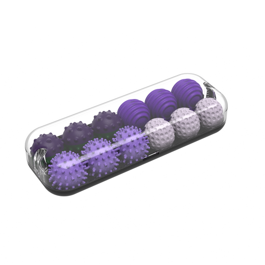 The ONO Sigbits set includes ten lavender massage balls with distinct spikes and ridges in a clear container—ideal as fidget toys or for sensory stimulation.
