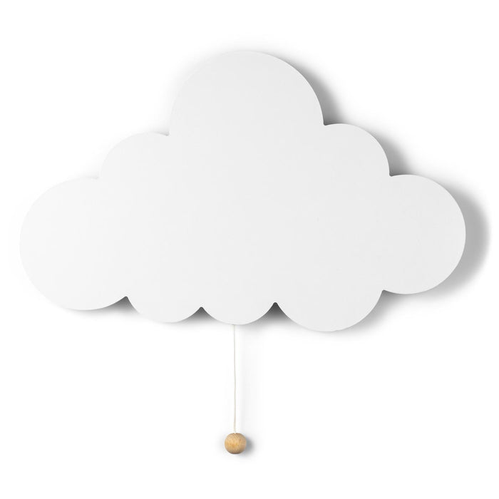 Cloud Wooden Wall Night Light shaped like a white cloud with a hanging pull cord and small wooden ball handle.
