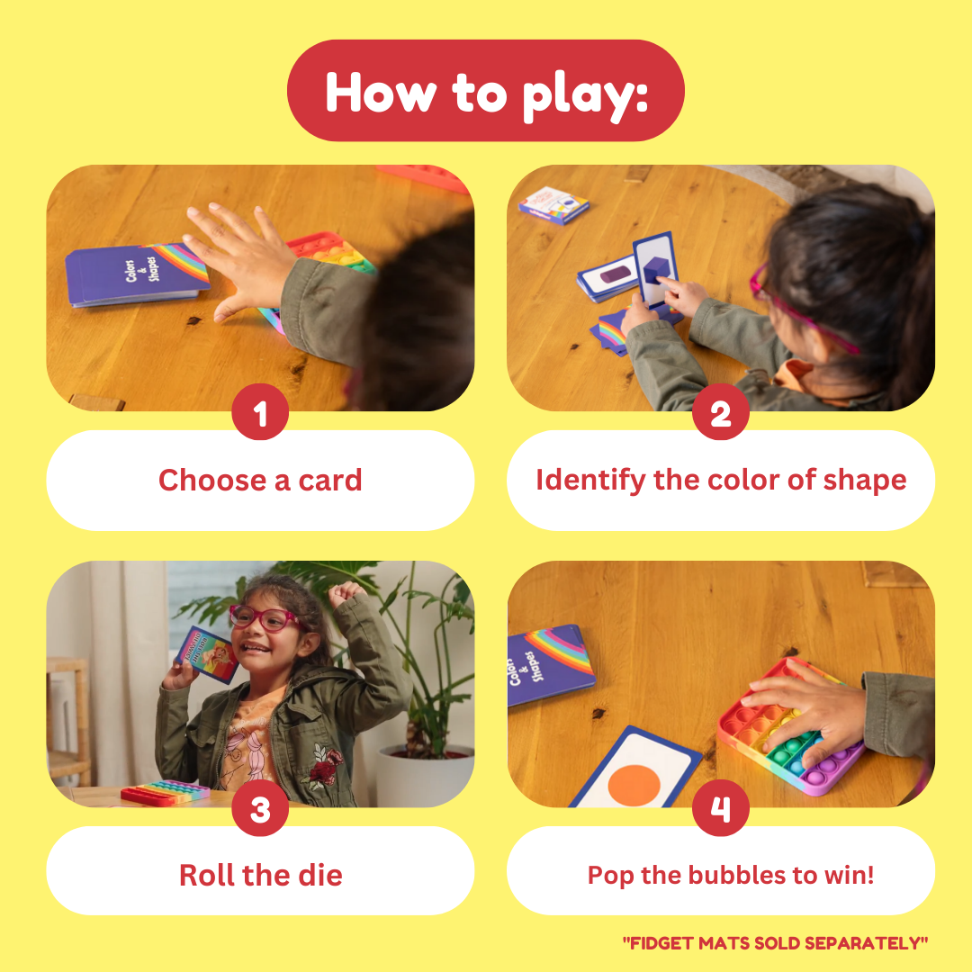 A four-step learning guide for the 2D & 3D Shapes & Colors Card Pack showing a child choosing a shape card, identifying the shape, rolling a die, and popping bubbles on a fidget mat.