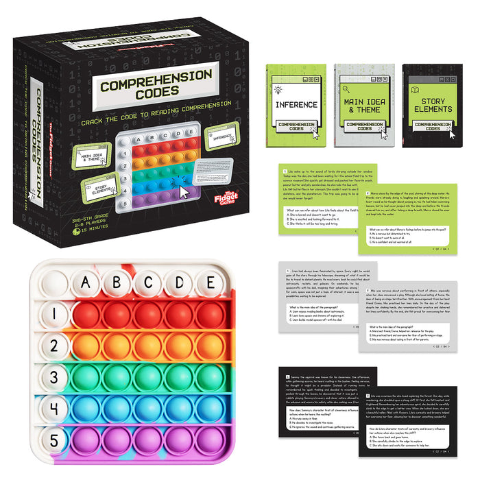 Comprehension Codes Reading Game featuring a colorful silicone bubble popper board with lettered and numbered rows, alongside three decks of learning skill cards and a box.