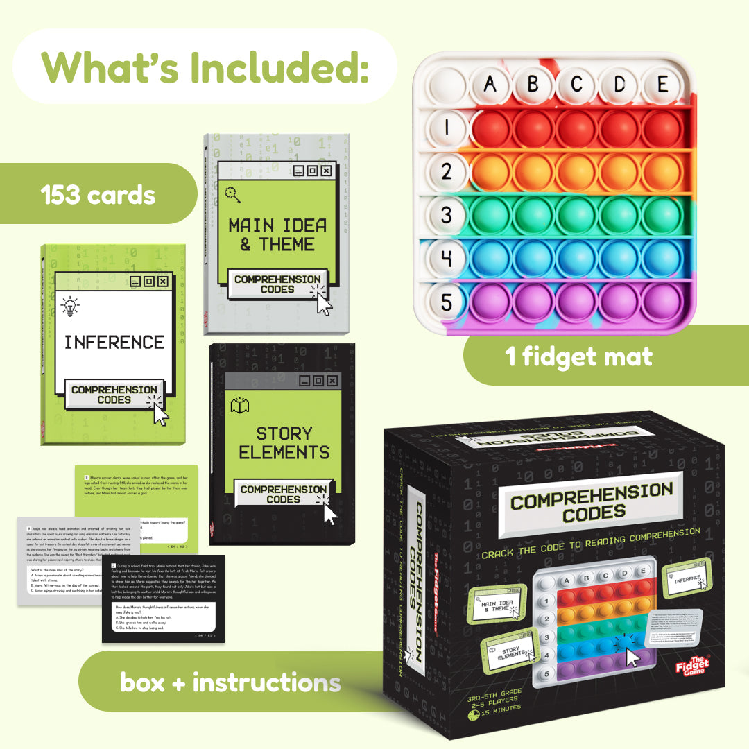 Comprehension Codes Reading Game including a stack of 153 cards, a multi-colored silicone fidget bubble mat labeled with letters and numbers, an instruction sheet, and the game box for practicing making inferences.