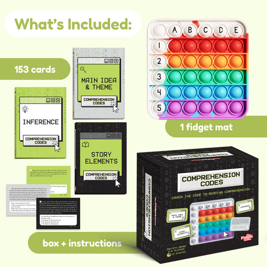 Comprehension Codes Reading Game including a stack of 153 cards, a multi-colored silicone fidget bubble mat labeled with letters and numbers, an instruction sheet, and the game box for practicing making inferences.