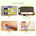 A four-step Comprehension Codes Reading Game showing cards being selected, a paragraph being read, a colorful silicone bubble toy being pressed, and a child celebrating after completing the learning game.