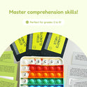The Comprehension Codes Reading Game features a circular spinner with story element categories, a multicolored sensory bubble toy with numbers and letters, and cards for making inferences from short stories and questions.