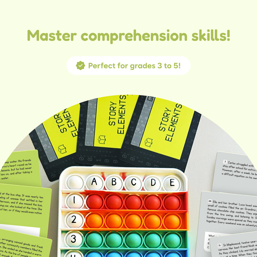 The Comprehension Codes Reading Game features a circular spinner with story element categories, a multicolored sensory bubble toy with numbers and letters, and cards for making inferences from short stories and questions.