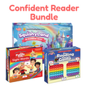 The Confident Reader Game Bundle includes three reading games for kids, featuring colorful illustrations, character designs, and pop-it style game pieces.