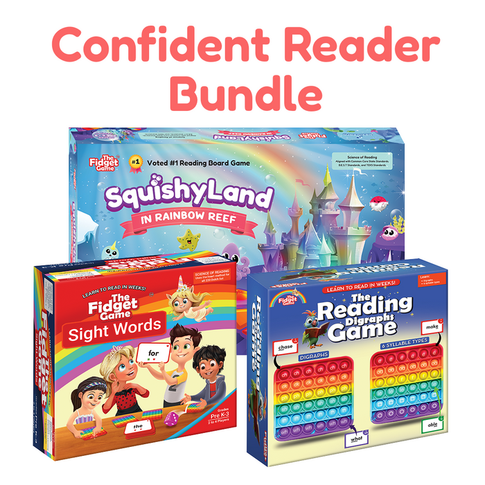 The Confident Reader Game Bundle includes three reading games for kids, featuring colorful illustrations, character designs, and pop-it style game pieces.