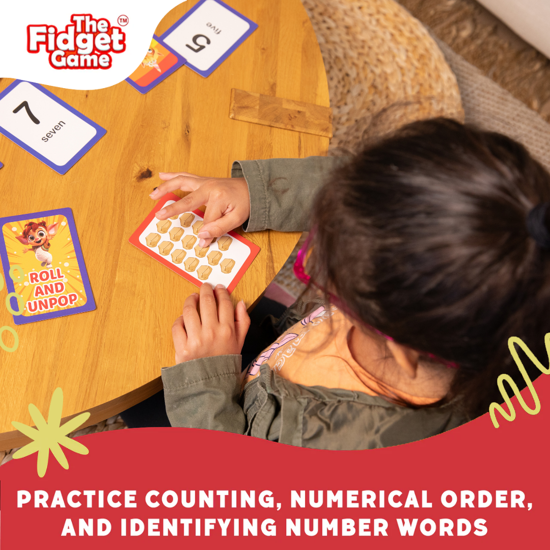 A child sits at a round table playing a learning game with Counting & Numbers Card Pack – CHOOSE Act Edition cards that show numbers and corresponding images.