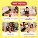Four-step instructional graphic for the Counting & Numbers Card Pack showing children laying out cards, matching counting cards to number cards, rolling a die, and popping bubbles on a mat to learn number order.
