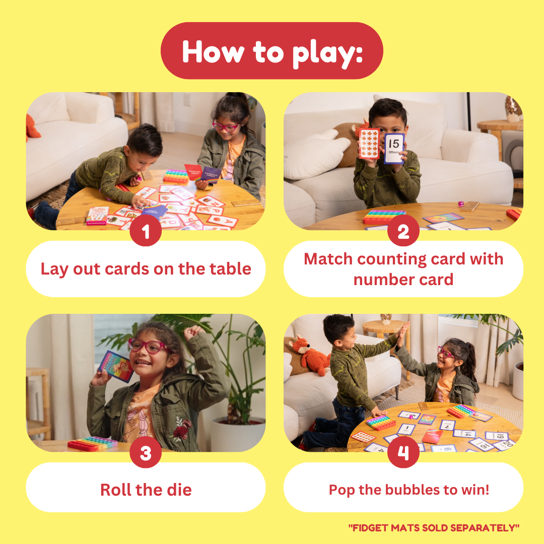 Four-step instructional graphic for the Counting & Numbers Card Pack showing children laying out cards, matching counting cards to number cards, rolling a die, and popping bubbles on a mat to learn number order.