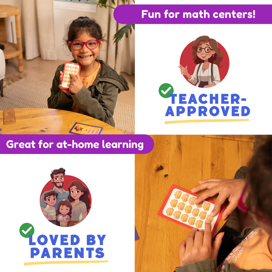 A child holds a Counting & Numbers Card Pack pop-it tool to build math skills, with overlaid text panels promoting it as fun for centers, teacher-approved, great for at-home learning, and loved by parents.