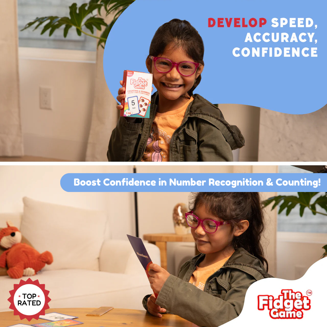 A young girl in pink glasses holds a Counting & Numbers Card Pack – CHOOSE Act Edition, with text overlays promoting speed, accuracy, and confidence in number recognition and counting.