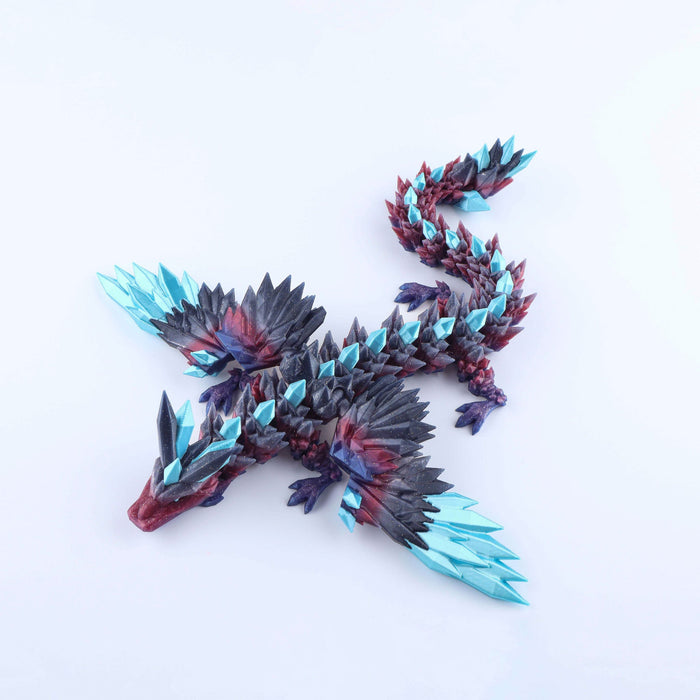 Crystalwing Dragon – Poseable Fidget Toy with a dark purple and red body covered in spiky, bright blue crystal accents.