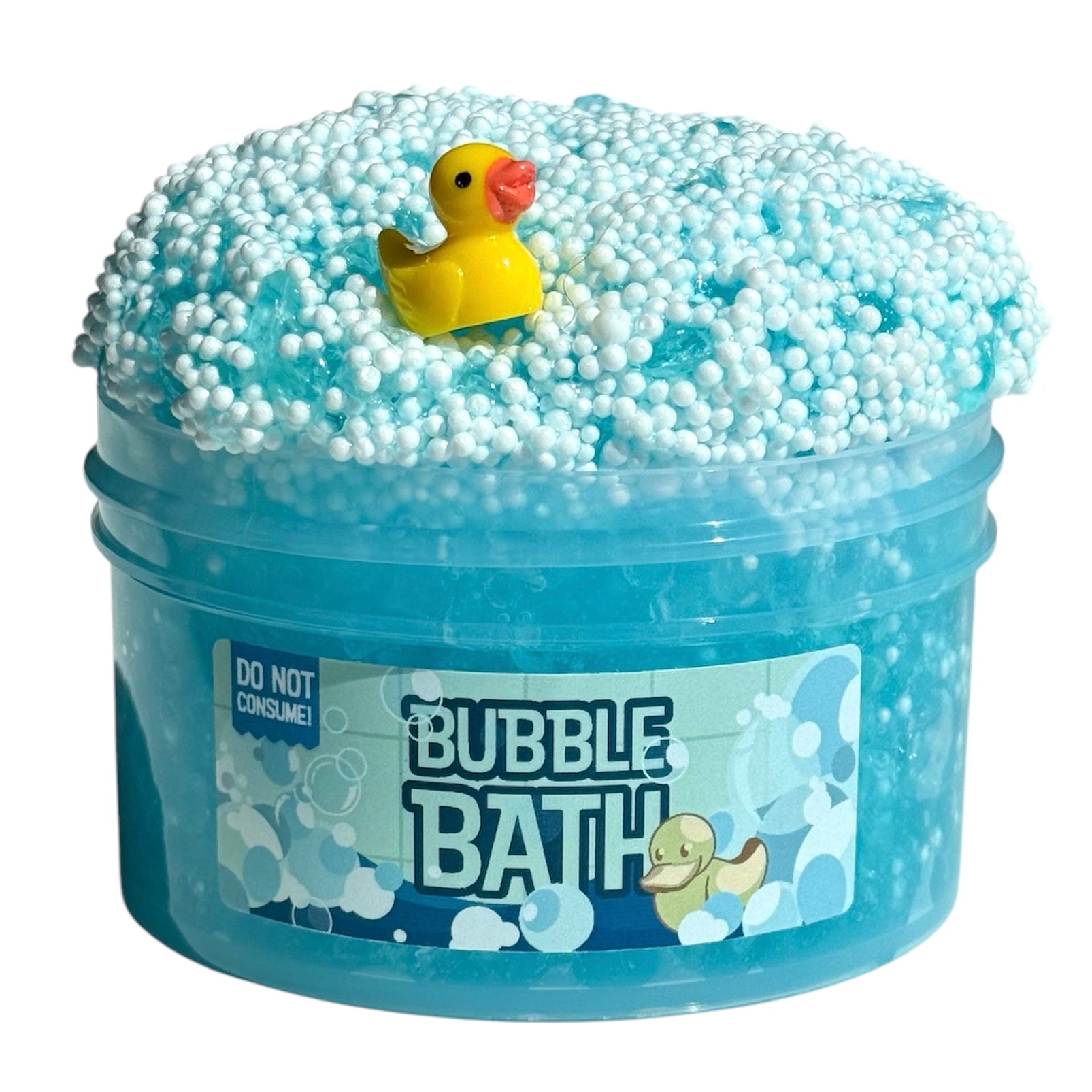 The Bubble Bath Silica Floam Slime With Duck Charm is a 7 oz tub of blue microfloam slime with white beads, Hawaiian Punch scent, and a yellow duck charm—great for creative play. Label warns: Do Not Consume.