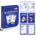 A Division Card Pack box displayed next to several individual cards featuring math problems, game instructions, and cartoon character illustrations.