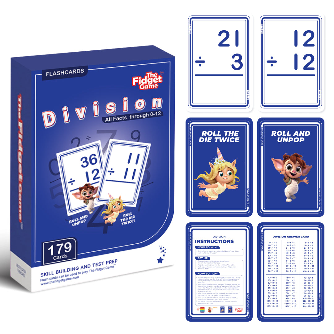 A Division Card Pack box displayed next to several individual cards featuring math problems, game instructions, and cartoon character illustrations.