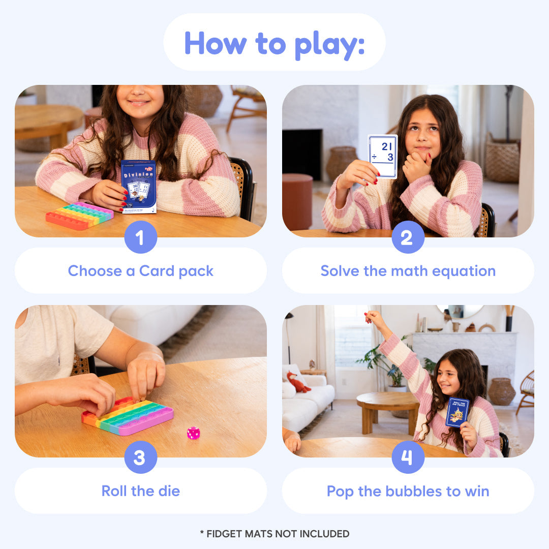 A four-panel guide shows a girl using the Division Card Pack – CHOOSE Act Edition and a multi-colored silicone bubble fidget toy to solve math problems, roll a die, and play learning games suitable for grades 3–4.