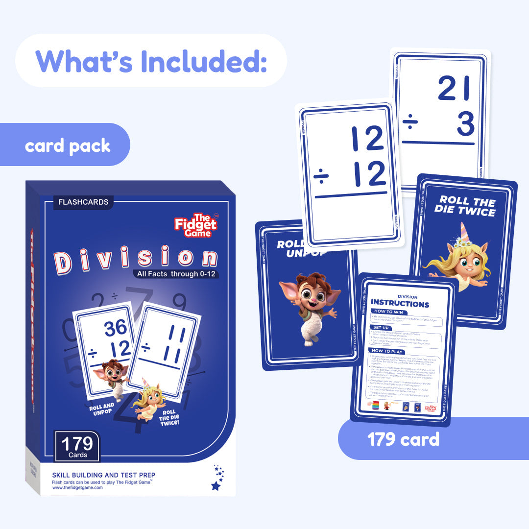 A set of 179 Division Card Pack flashcards, including individual equation cards and an instruction card for practicing division facts.