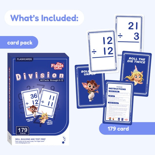 A set of 179 Division Card Pack flashcards, including individual equation cards and an instruction card for practicing division facts.