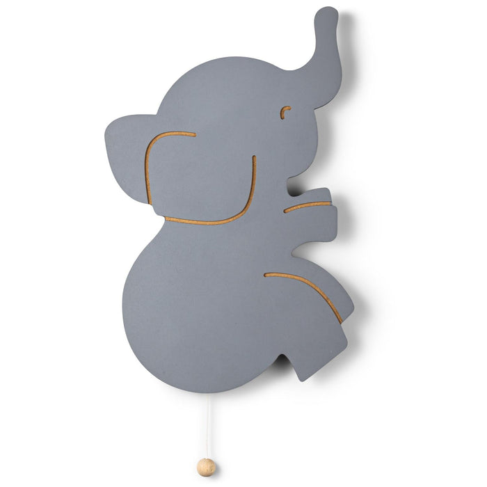 Elephant Wooden Wall Night Light, a hand-painted gray elephant-shaped wall light for a kids’ room with a small wooden pull-switch hanging from the bottom.