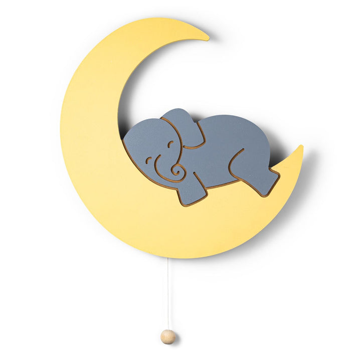Elephant on the Moon Wooden Wall Night Light shaped like a sleeping blue elephant on a yellow crescent moon, featuring a soft LED glow and a hanging pull cord.