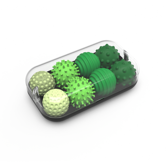 The Signets set includes six emerald massage balls with various textured surfaces, all in a clear plastic container—ideal for a soothing fidgeting experience that helps improve focus.